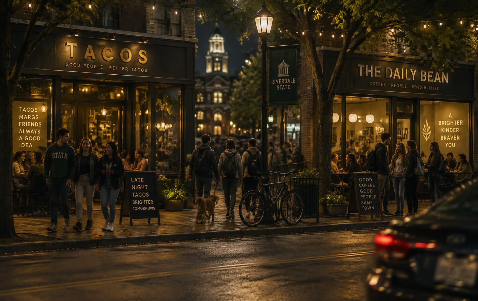 Students and families outside lit-up shops on a college town street at night